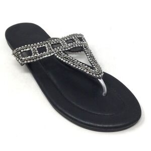 Skemo Adriana Women's Size 7 Black Leather Crystal Thong Sandals Shoes